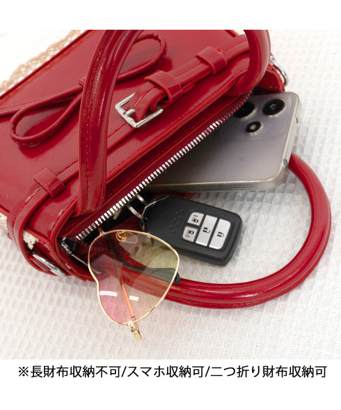 ショルダーバッグ 小さめ フェイクレザー ハンドバッグ スクエア 2way 肩掛けバッグ リボンデザイン 大人かわいい手提げ鞄 レース 斜め掛けカバン フェミニン 77YUEL-002